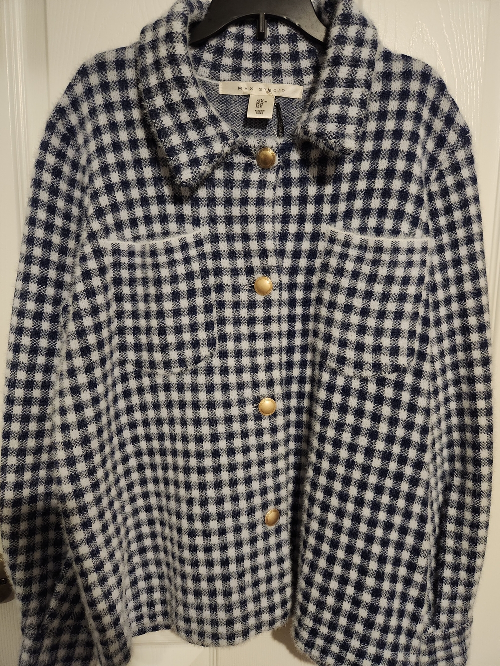 Max Studio Navy & White Gingham Teddy Jacket